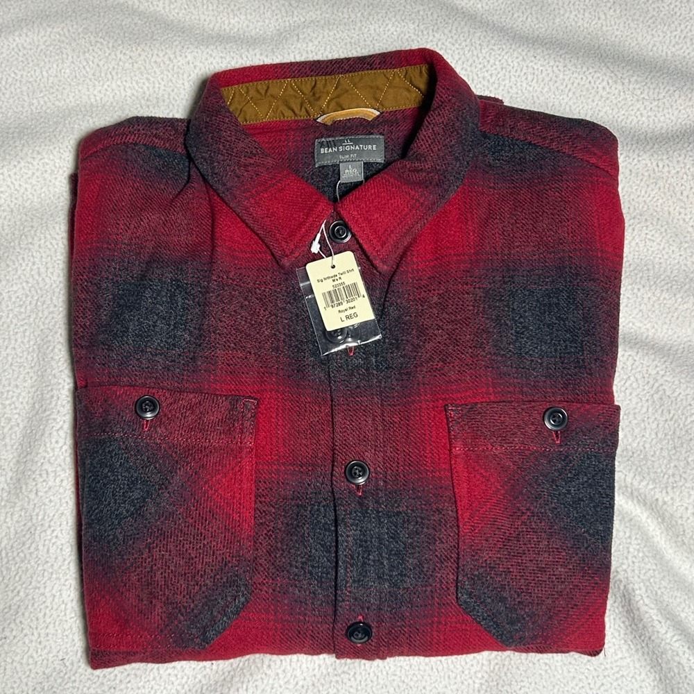 LL Bean Cotton Twill Flannel Shirt Mens Large Royal Red Buffalo Check Slim Fit